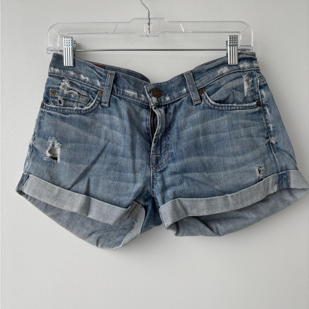 7 For All Mankind Blue Distressed Jean Shorts